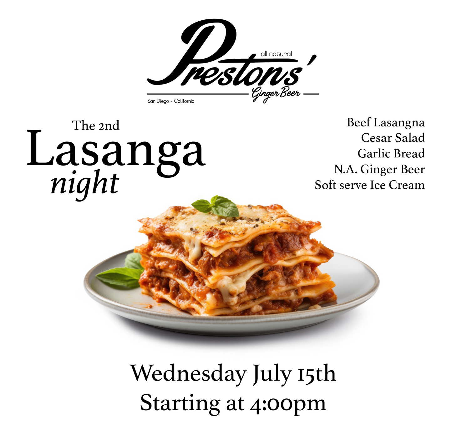 Lasagna night Tickets! Wednesday July 15th 4:00pm till we run out.